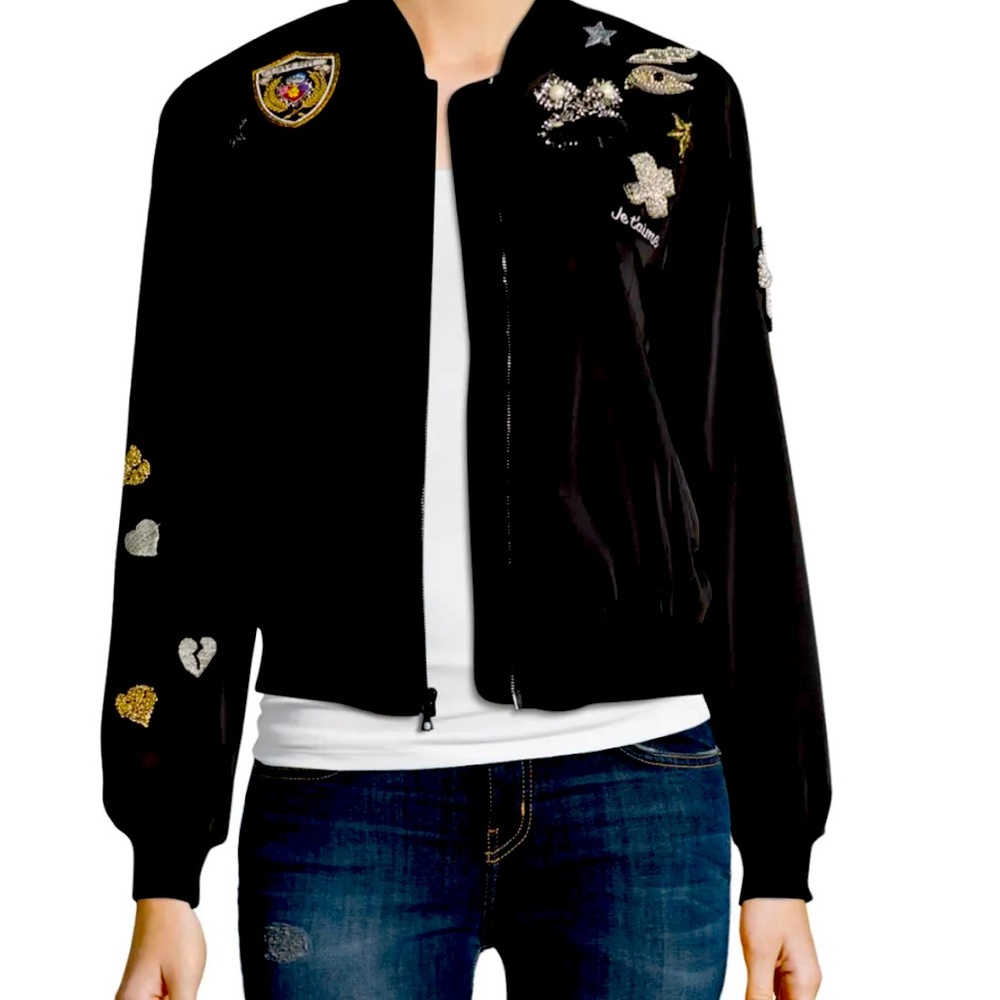 Cinq a sept satin bomber with jewel-crusted appliqués. Size small